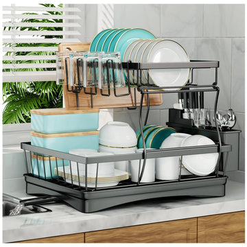 2-Tier Dish Drying Rack with Drainage Spout