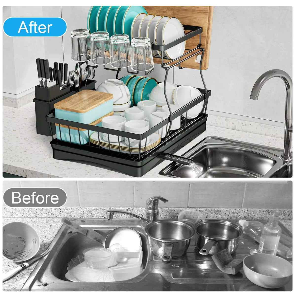 2-Tier Dish Drying Rack with Drainage Spout