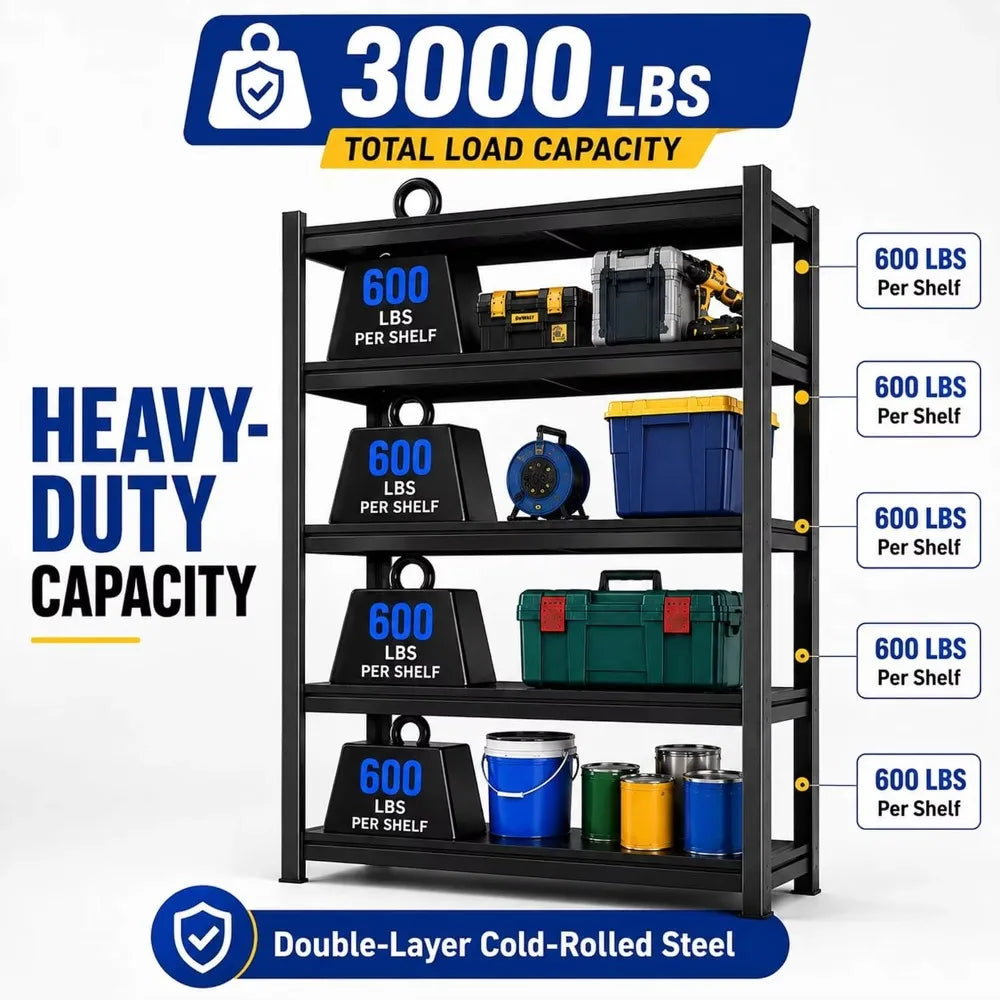 Heavy-Duty 5-Tier Metal Garage Storage Shelving Unit, 78" H x 47.5" W x 18" D, 3000 lbs Capacity, Customizable