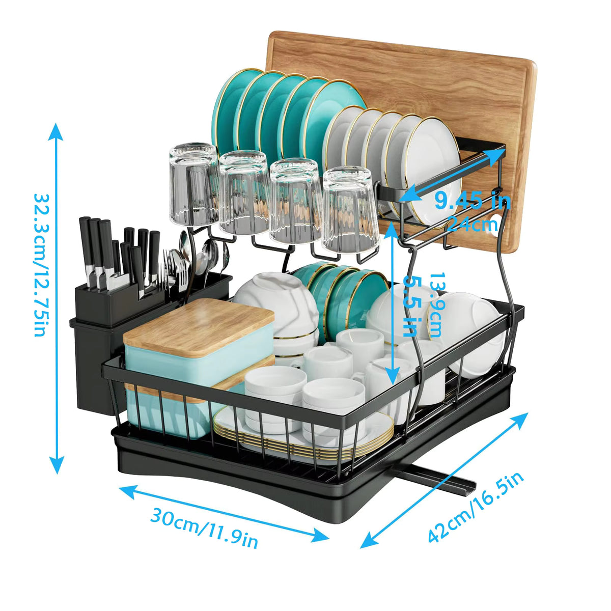 2-Tier Dish Drying Rack with Drainage Spout