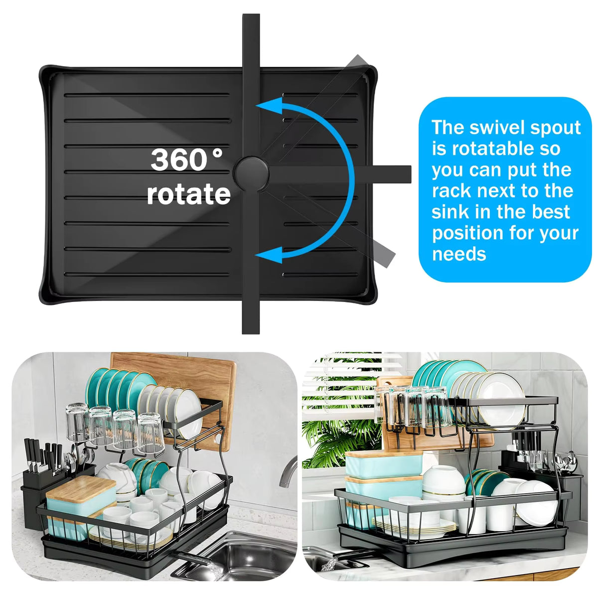 2-Tier Dish Drying Rack with Drainage Spout