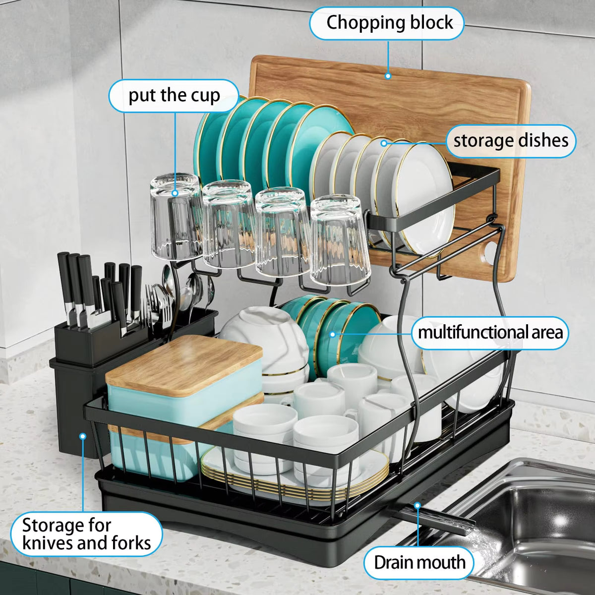 2-Tier Dish Drying Rack with Drainage Spout