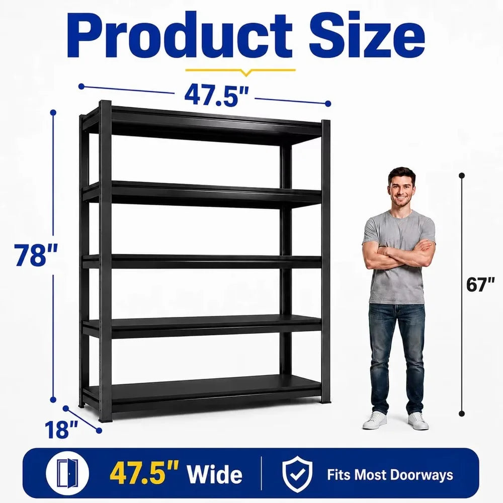 Heavy-Duty 5-Tier Metal Garage Storage Shelving Unit, 78" H x 47.5" W x 18" D, 3000 lbs Capacity, Customizable