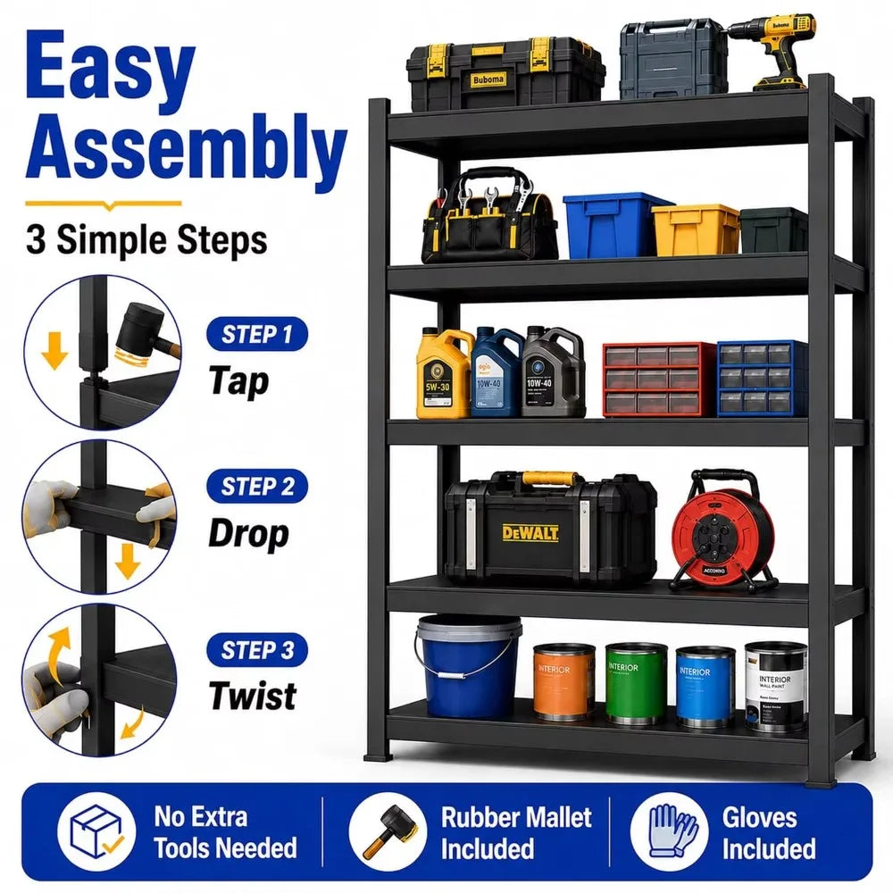 Heavy-Duty 5-Tier Metal Garage Storage Shelving Unit, 78" H x 47.5" W x 18" D, 3000 lbs Capacity, Customizable