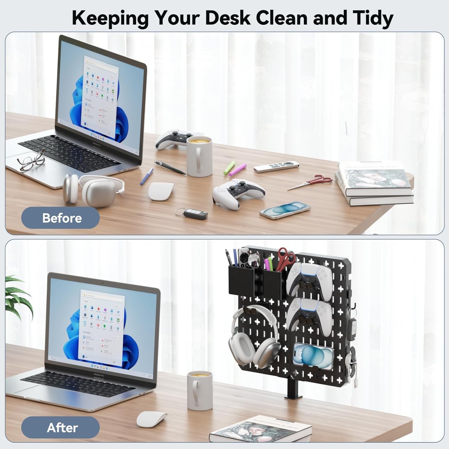 Upgrade your desk without drilling. The 7-in-1 Clamp-On Desk Pegboard saves space & keeps all daily essentials neatly organized.