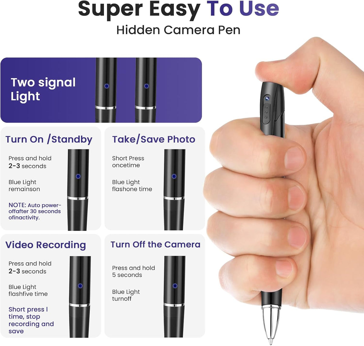 Capture clear Full HD videos with the 1080p Hidden Spy Pen Camera & enjoy easy video recording with its compact pen-style design.