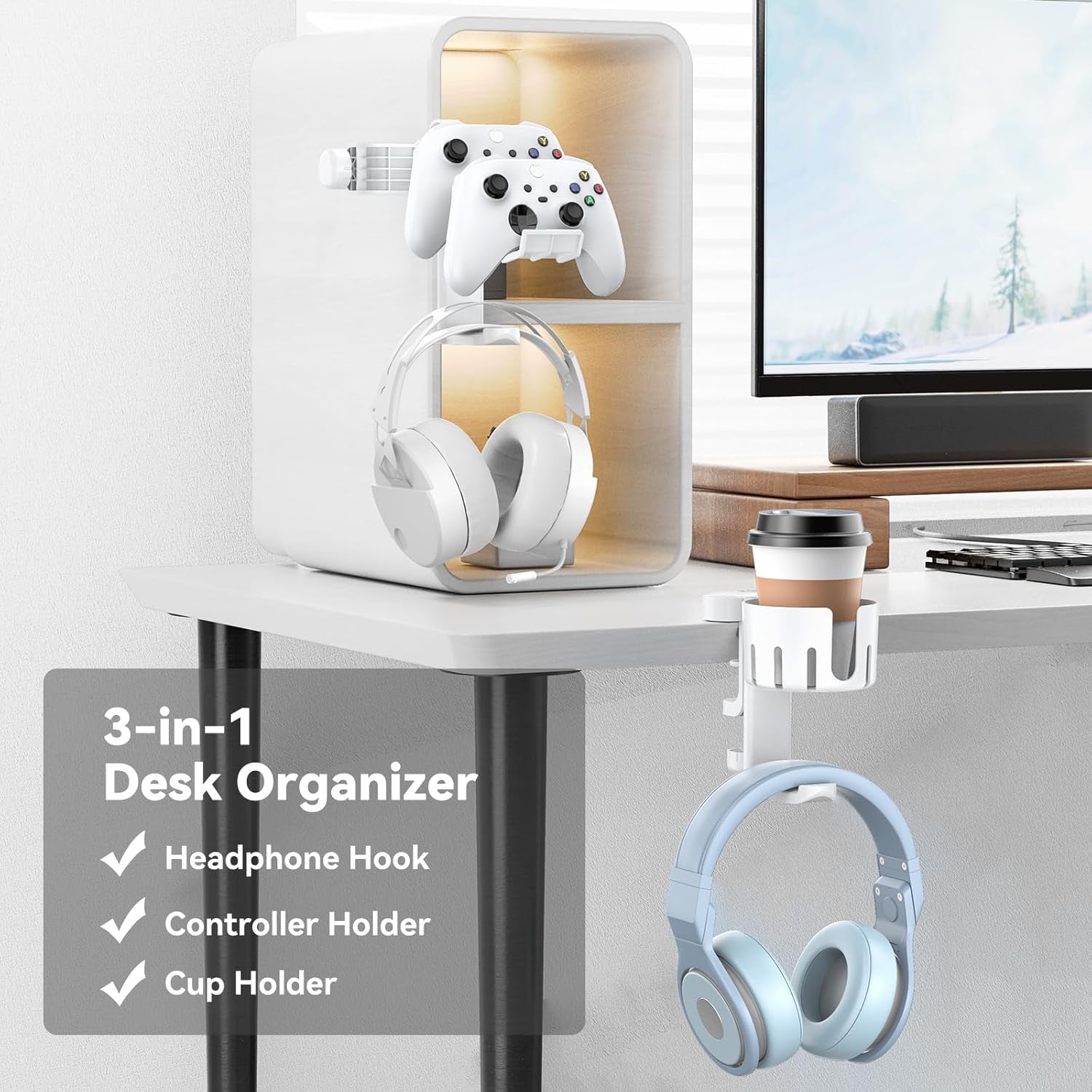 Organize your workspace with a 3-in-1 Rotating Desk Hanger for headsets and controllers with clamp-on installation & cable control.