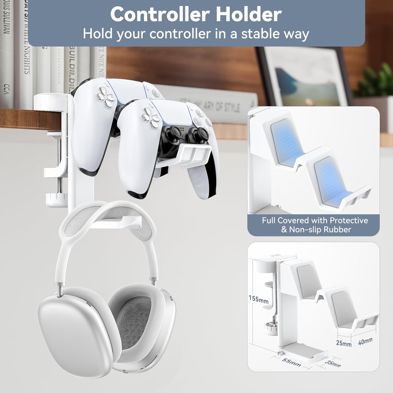 Organize your workspace with a 3-in-1 Rotating Desk Hanger for headsets and controllers with clamp-on installation & cable control.