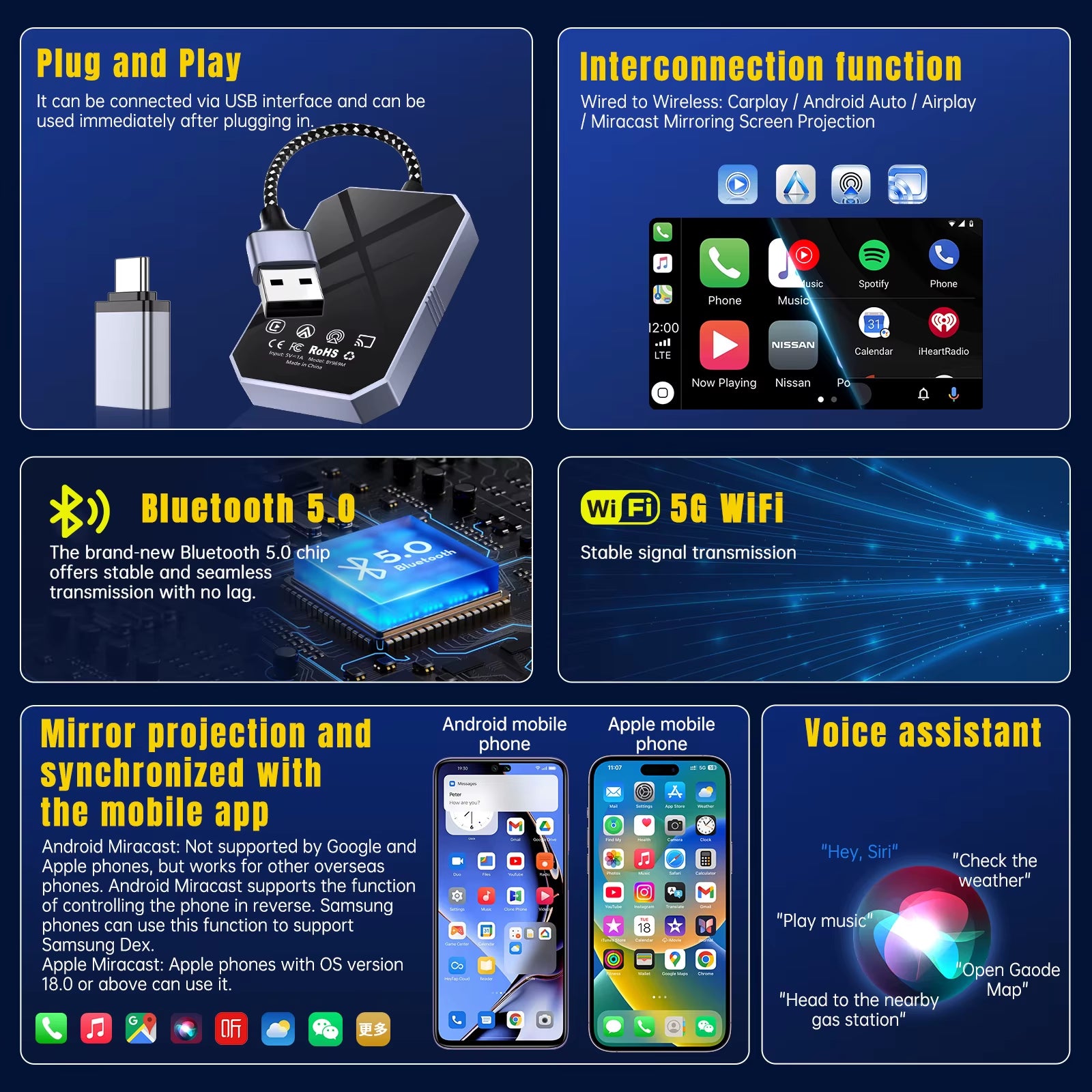 4 in 1 Wireless Carplay Adapter Android Auto Smart Box Car Stereo for Mercedes Benz for Volkswagen for Volvo for Hyundai for VW