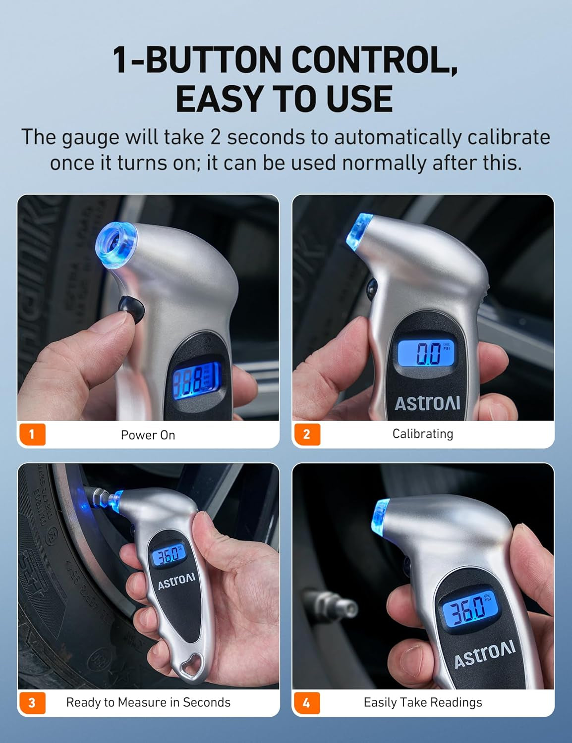 Digital Tire Pressure Gauge 0-150PSI Calibrated to ANSI B40.7 +/-1PSI, Accurate in 0.1 Increments, 4 Units for Car Truck Bicycle with Backlight LCD, Silver