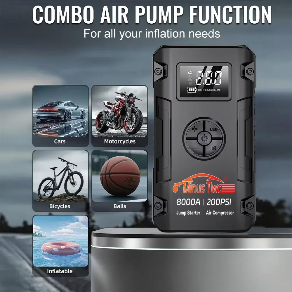 4-in-1 Portable Car Jump Starter and Air Compressor - 4000A Peak Battery Booster with 200PSI Tire Inflator and Power Bank