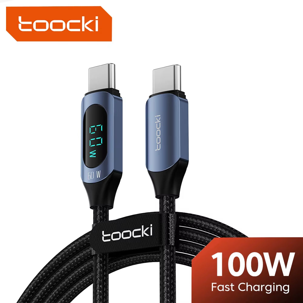 100W USB-C Cable with 5A LED Digital Display for High-Speed Charging and Data Transfer Compatible with Samsung, Xiaomi, POCO, and Huawei