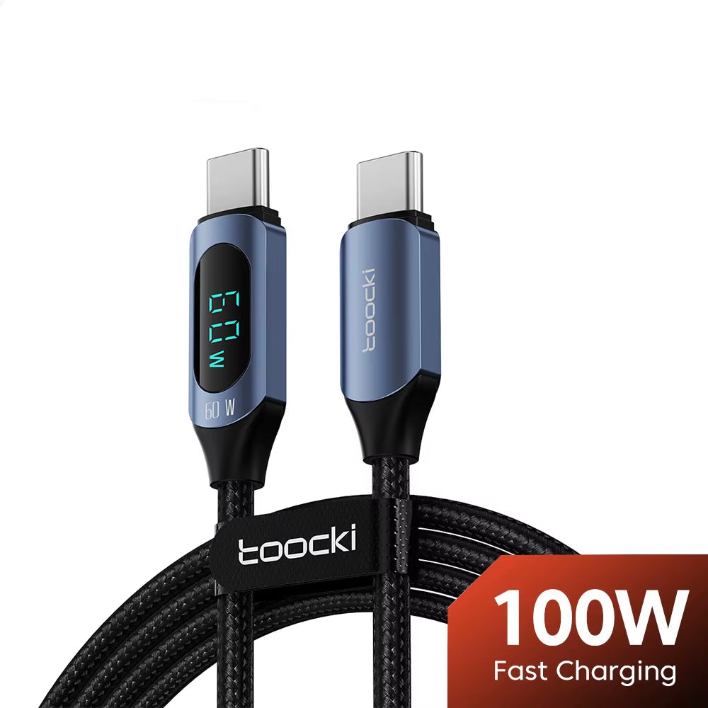 100W USB-C Cable with 5A LED Digital Display for High-Speed Charging and Data Transfer Compatible with Samsung, Xiaomi, POCO, and Huawei