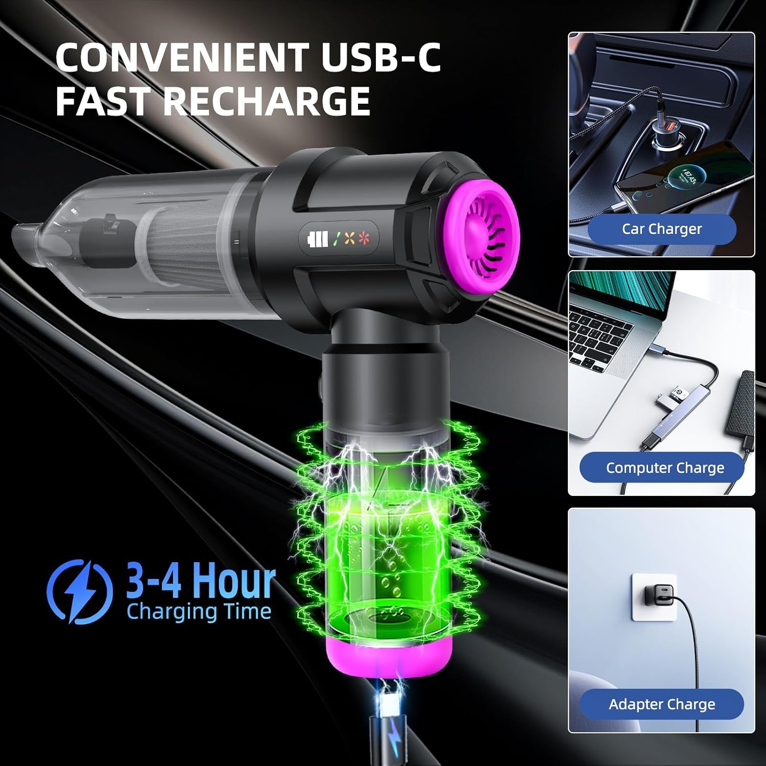 Cordless Vacuum Cleaner - 22000PA Handheld Car Vacuum, 4-In-1 Portable Mini Air Duster Rechargeable, 3-Speed Small Powerful Gadgets & Gifts, for Home, Office, Mattress, Carpet, Pet (Black)