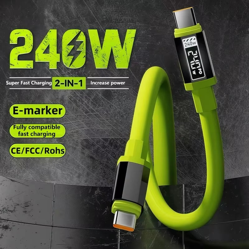 240W 10A Super Fast Charging Type-C to Type-C Silicone Cable for Samsung, iPhone 17 Pro, and Xiaomi 17