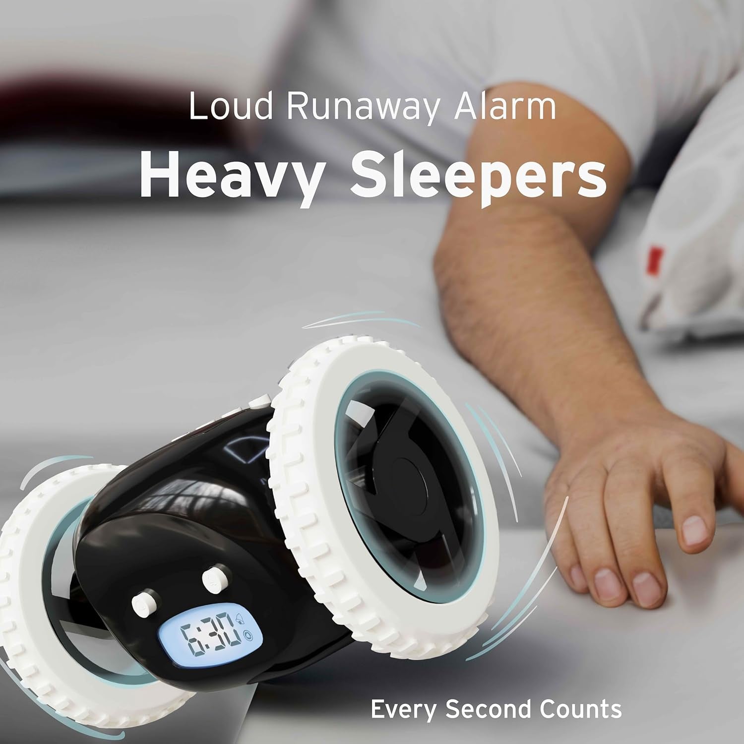 Alarm Clock on Wheels – Loud Rolling Alarm Clock for Heavy Sleepers | Runaway Clock That Jumps & Runs to Wake You up | Funny Unique Gift for Adults, Teens & Kids Bedrooms (Black)