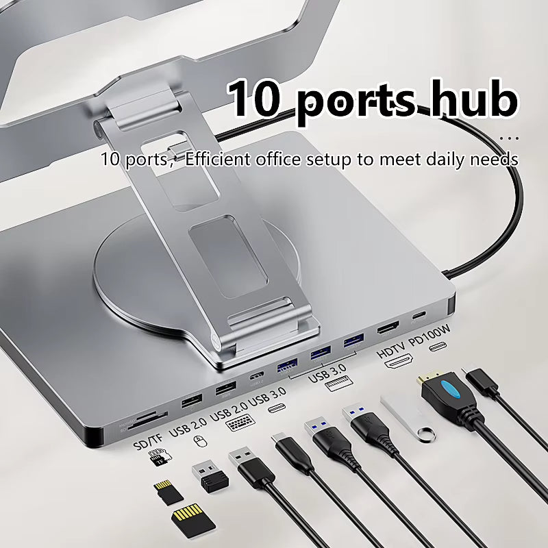 10-in-1 Aluminum iPad Docking C Hub with 4K 60Hz Type-C Adapter, USB 3.0 (5Gbps), and 100W PD Charger for Laptops and Desktops