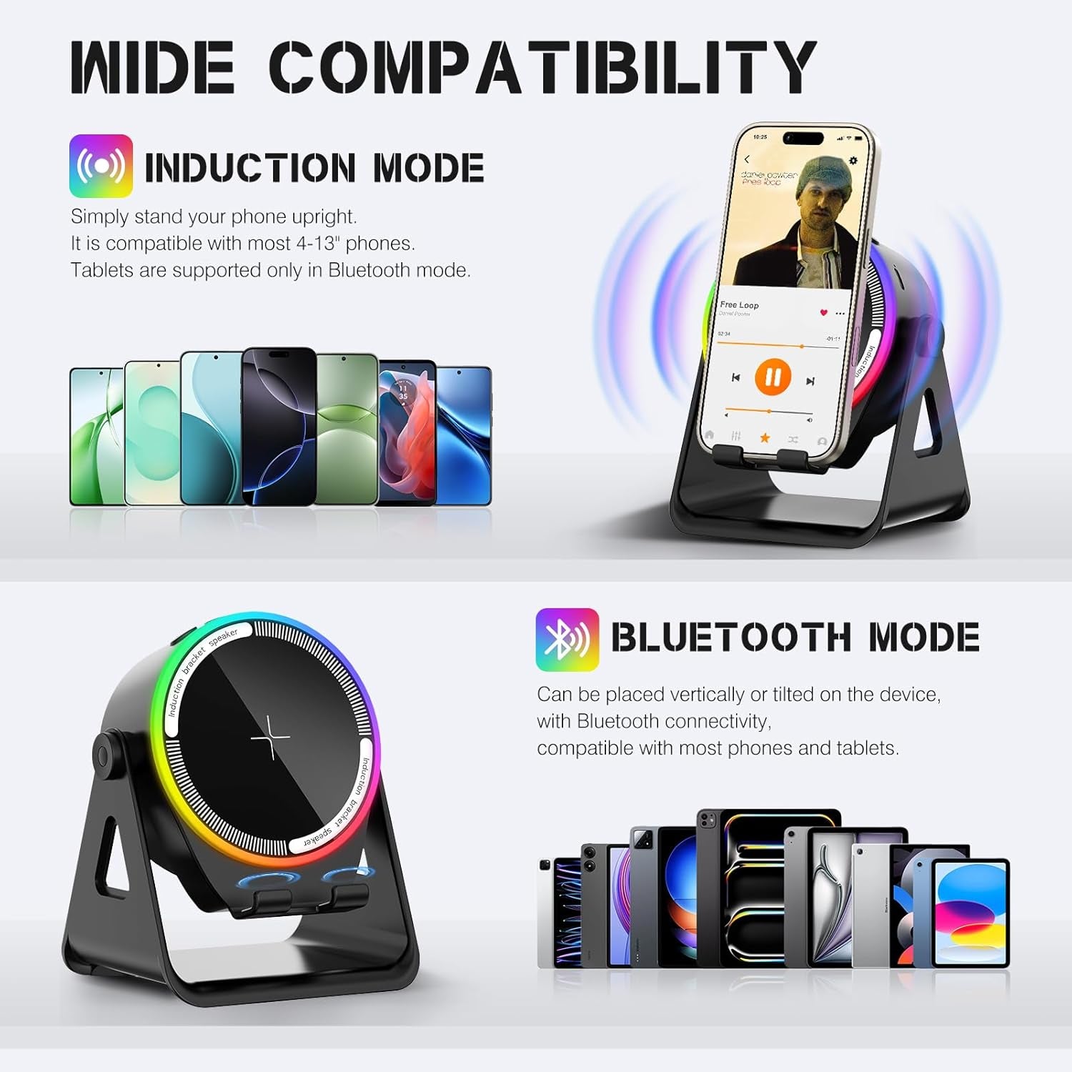 Wireless Induction Speaker, 5-In-1 Bluetooth 5.3 Phone Stand with 360° Rotation & RGB Ambient Light - Cool Tech Gadgets Gifts for Men Women Dad Mom - Compatible Iphone/Android/Ipad/Samsung (Black)