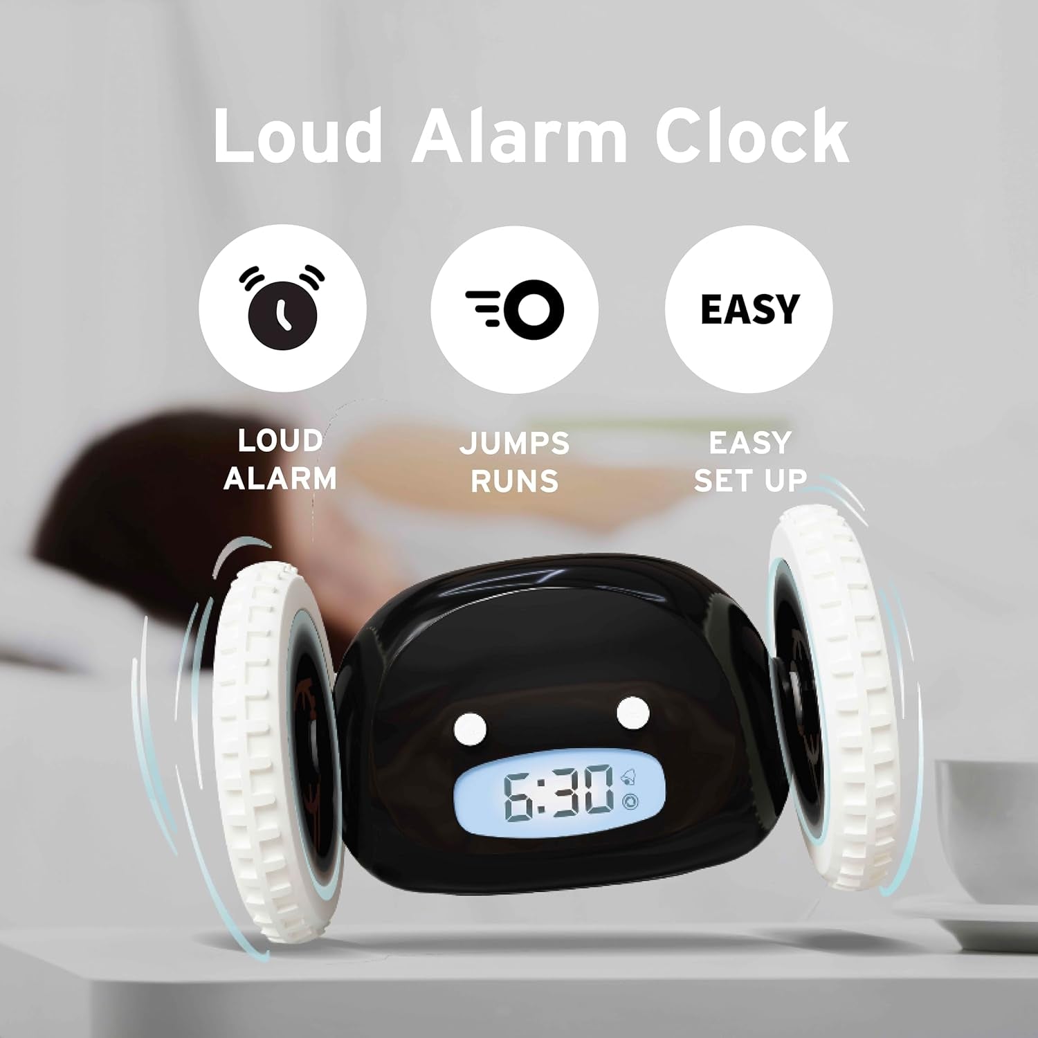 Alarm Clock on Wheels – Loud Rolling Alarm Clock for Heavy Sleepers | Runaway Clock That Jumps & Runs to Wake You up | Funny Unique Gift for Adults, Teens & Kids Bedrooms (Black)