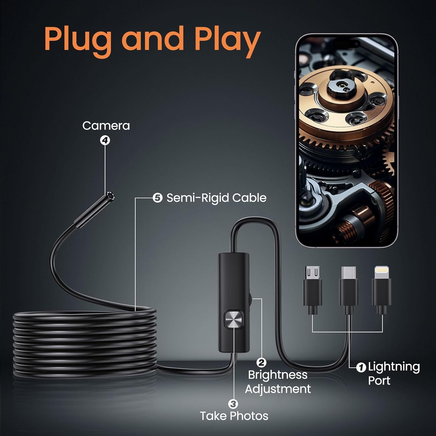 Endoscope Camera with Light, HD Borescope with Dimmable LED, Endoscope Camera for Iphone & Android, 16.4Ft Semi-Rigid Snake Camera, IP67 Waterproof Inspection Tools, Cool Gadgets for Men