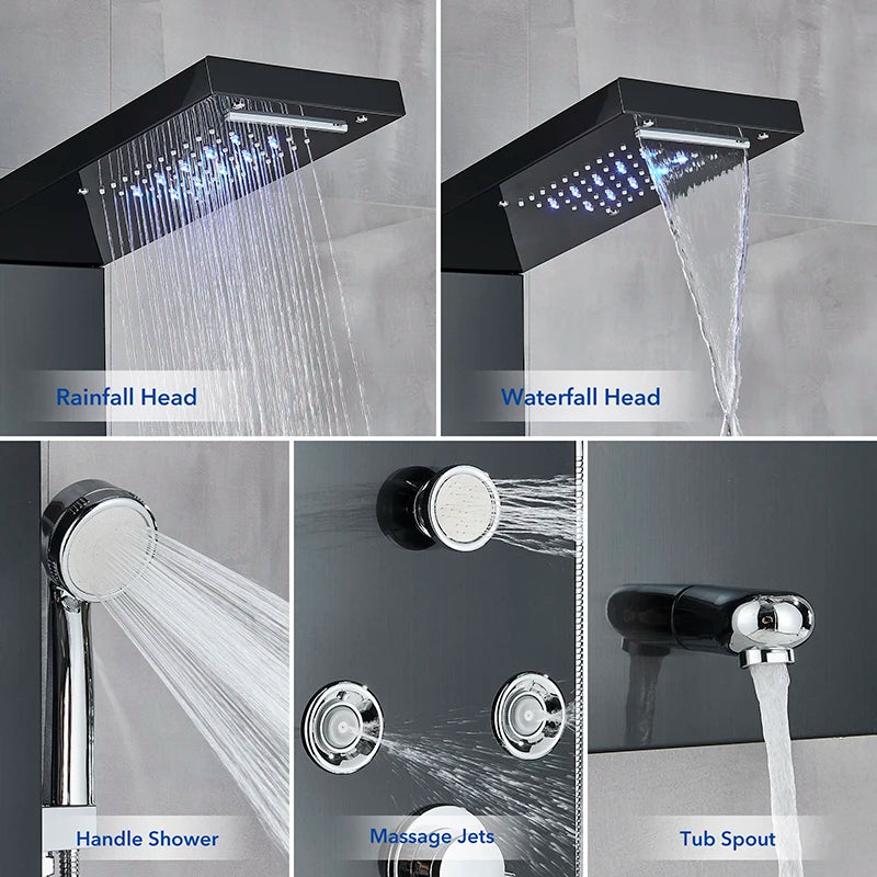 LED Digital Display Shower Panel with Waterfall Rain and SPA Massage Jet System