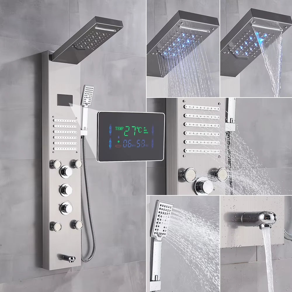 Newly Luxury Black/Brushed Bathroom Shower Faucet LED Shower Panel Column Bathtub Mixer Tap with Hand Shower Temperature Screen