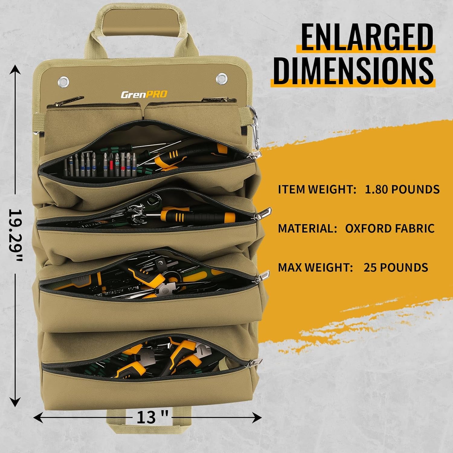Roll up Tool Bag, Tool Roll up Bag with Detachable Tool Pouches, Soft Rollable Tool Pouch, Tool Organizer for Electricians, DIY, Valentines Day Gifts for Him Dad Men Mechanic Welding, Khaki