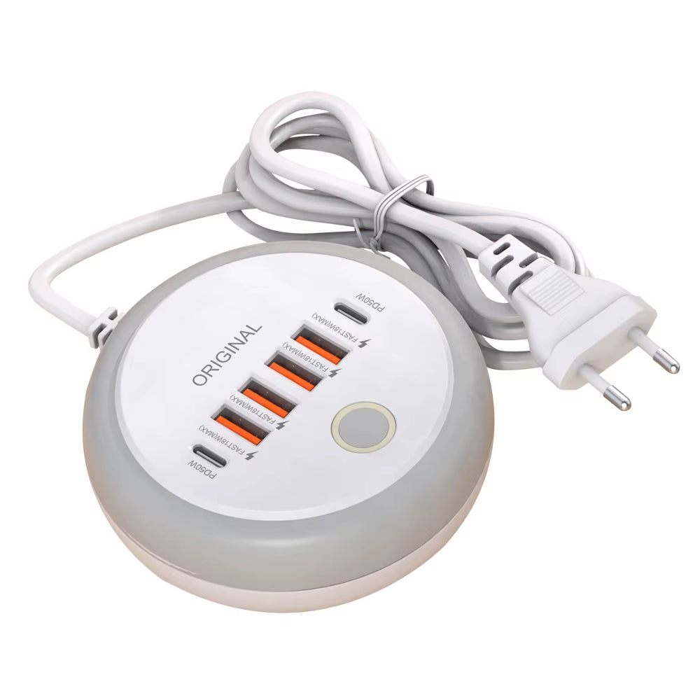 PD 50W Charger USB Type C 6 Ports QC3.0 Mobile Phone Wall Adapter with Touch LED Light for Iphone Samsung Xiaomi Travel Charger