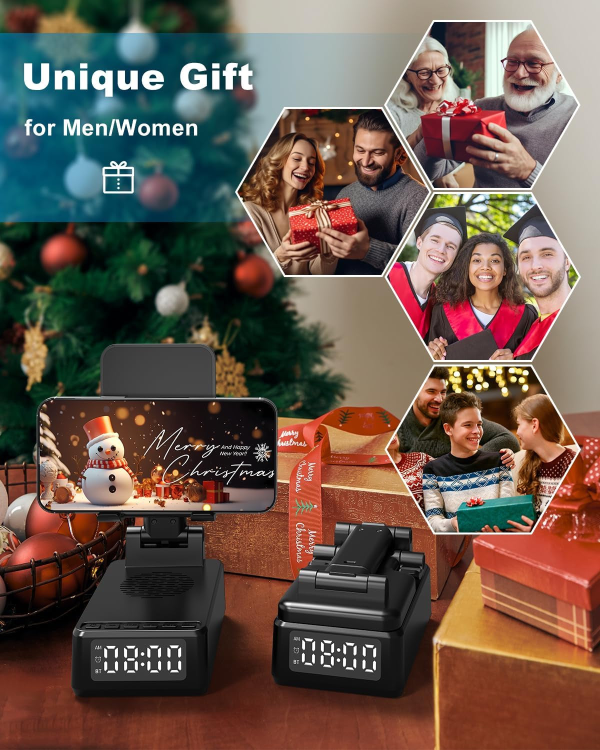 Birthday Gifts for Men Women,Cell Phone Stand with Wireless Bluetooth Speaker,Wireless Phone Charger Stand Alarm Clock for Iphone,Holiday Gifts for Men Women Dad Mom Husband Teen Cool Tech Gadgets