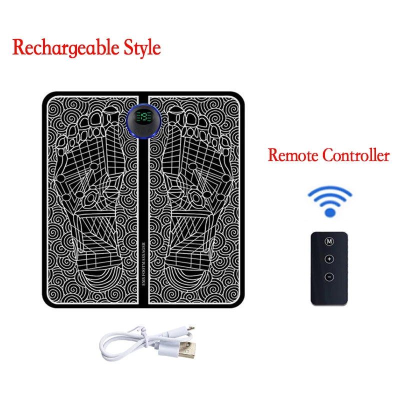 Rechargeable EMS Foot Massager Pad with Remote Control - Portable Electric Muscle Stimulation Mat for Pain Relief and Relaxation