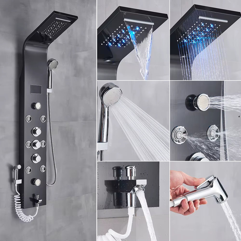 Newly Luxury Black/Brushed Bathroom Shower Faucet LED Shower Panel Column Bathtub Mixer Tap with Hand Shower Temperature Screen
