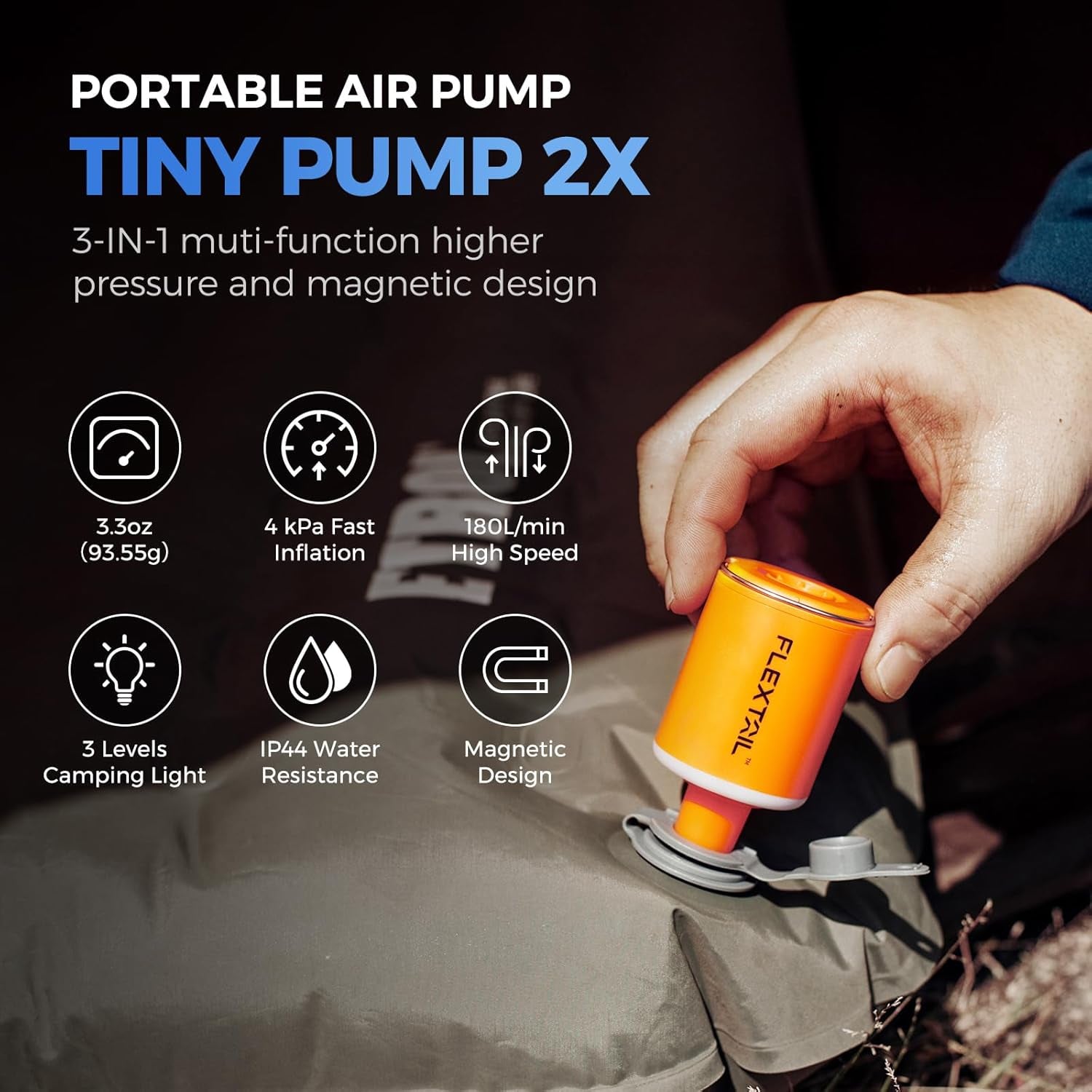Portable Air Pump with Camping Lantern Tiny Pump 2X 4Kpa Air Pump for Inflatables Rechargeable Air Mattress Pump with Magnetic Design for Sleeping Pads, Pool Floats, Swimming Rings(Og)