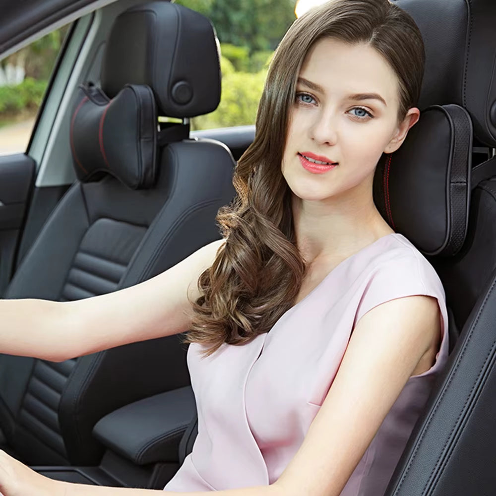 Set of 2 Premium Cowhide Car Neck Pillows - Soft, Breathable Headrest Support for Universal Vehicle Interiors