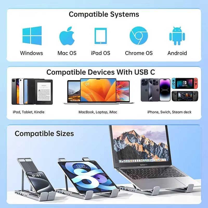 Universal Laptop Docking Station Stand Usb C Dock Tablet Laptop Holder with 4K Hdmi 2 Type-C Pd 100W Dock Station for Macbook