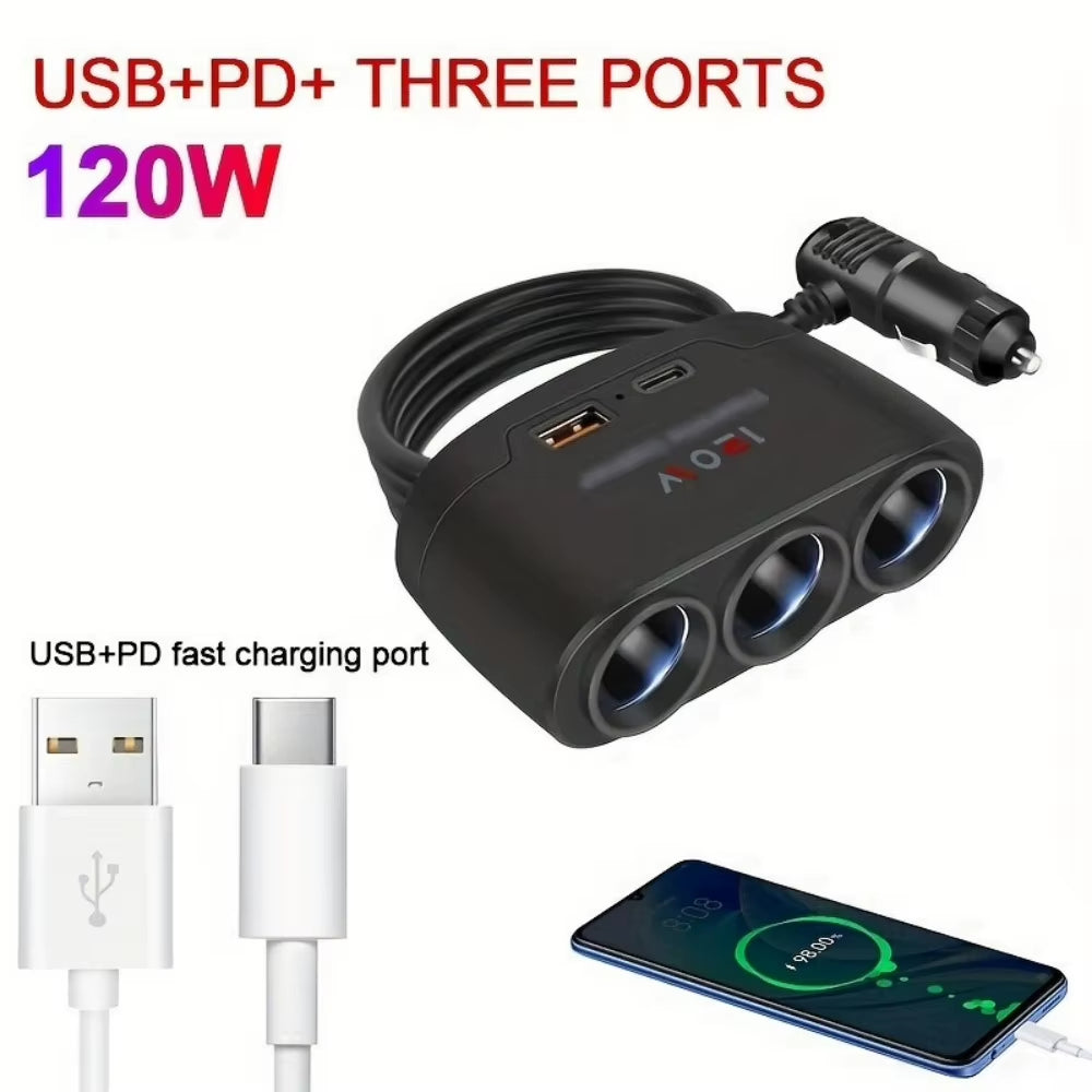 120W 3-in-1 Fast Charging Car Mobile Phone Charger and Cigarette Lighter Adapter for DVR and GP Devices