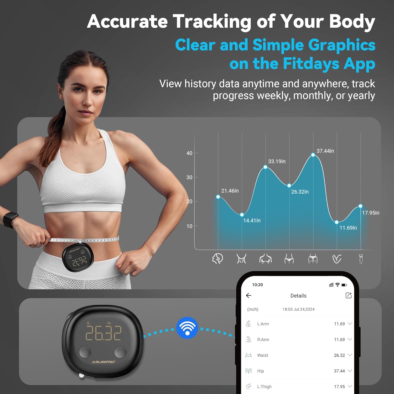 Smart Body Tape Measure,Rechargeable Body Measuring Tape with Fitdays App,Accurate Retractable Digital Body Measurement Device Tool for Muscle Gain,Weight Loss,Fitness,Locking,60In/150Cm