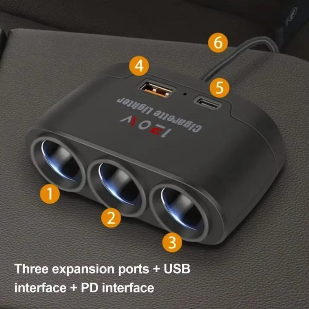 120W 3-in-1 Fast Charging Car Mobile Phone Charger and Cigarette Lighter Adapter for DVR and GP Devices