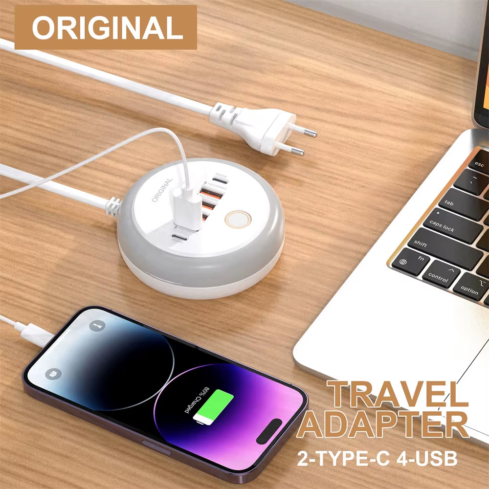 PD 50W Charger USB Type C 6 Ports QC3.0 Mobile Phone Wall Adapter with Touch LED Light for Iphone Samsung Xiaomi Travel Charger