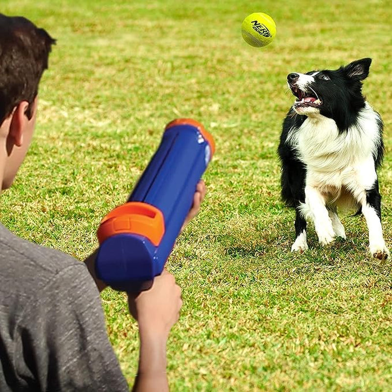 Tennis Ball Blaster Dog Toy Gift Set, Tennis Ball Dog Fetch Toy Launches up to 50 Ft, Dog Ball Thrower for All Breeds Includes Translucent Blue Tennis Ball Launcher and 3 Dog Tennis Balls