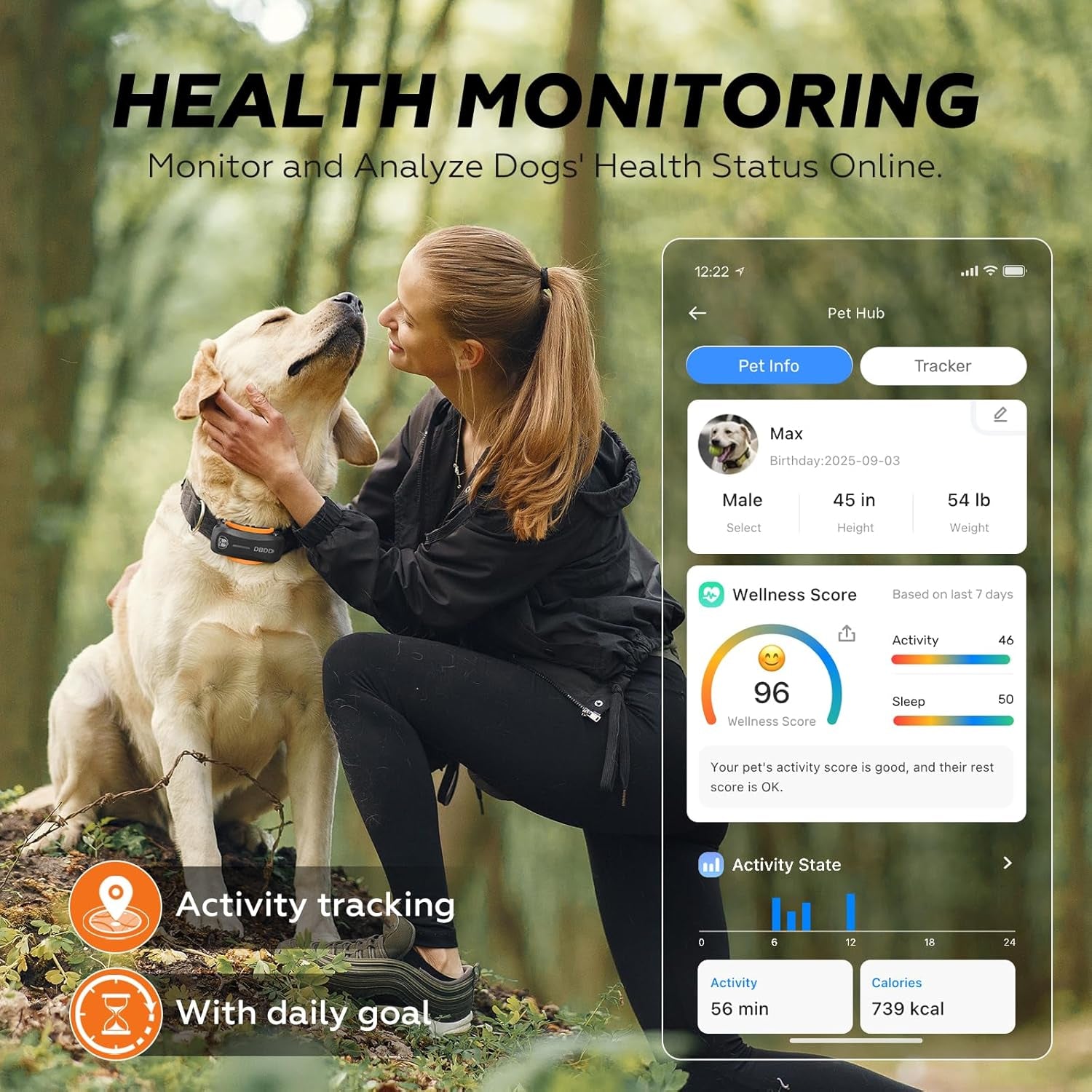 AI GPS Tracker for Dogs (30Lbs+), Real Time Location and AI Health Assistant, Electronic Fence, Waterproof, Ios and Android Universal (D5-Black)