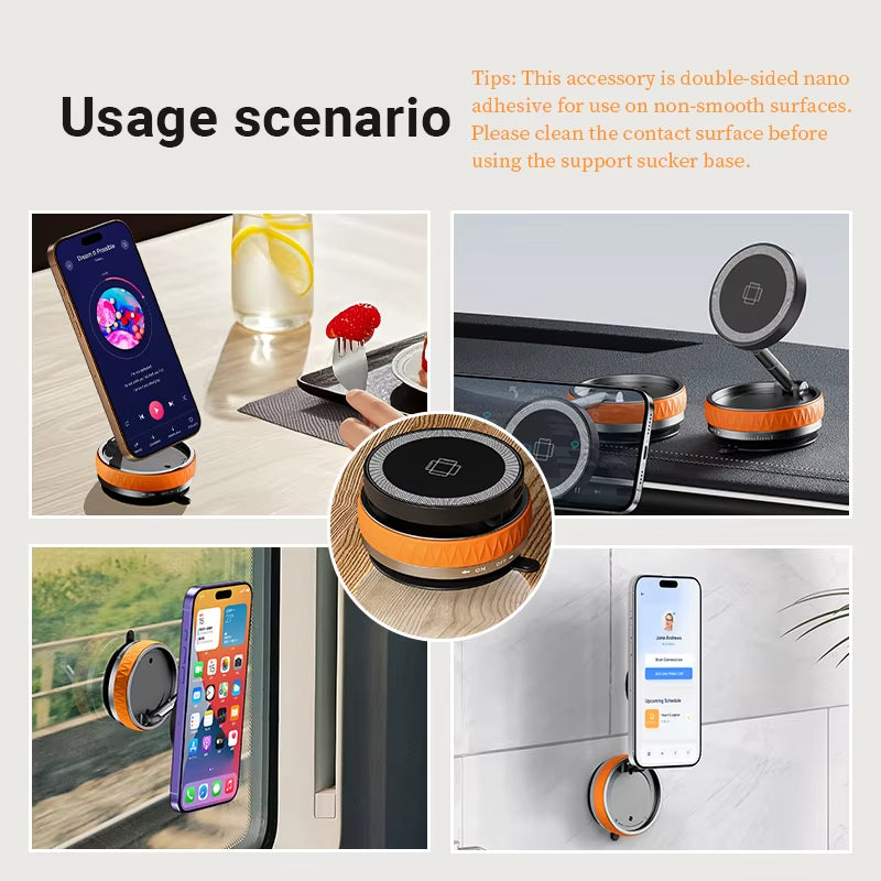 K10 Vacuum Suction Car Phone Magnetic Wireless Charger Stand, 360° Rotatable & Foldable, Ideal for Gym Bathroom Mirror Mount