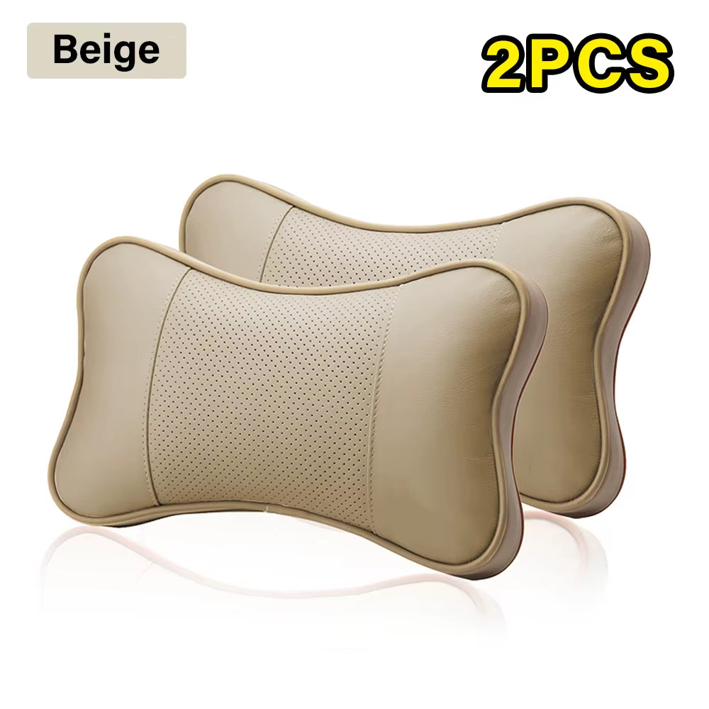 Set of 2 Premium Cowhide Car Neck Pillows - Soft, Breathable Headrest Support for Universal Vehicle Interiors