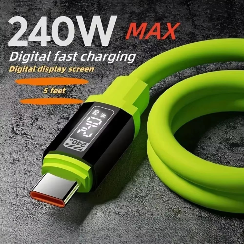 240W 10A Super Fast Charging Type-C to Type-C Silicone Cable for Samsung, iPhone 17 Pro, and Xiaomi 17