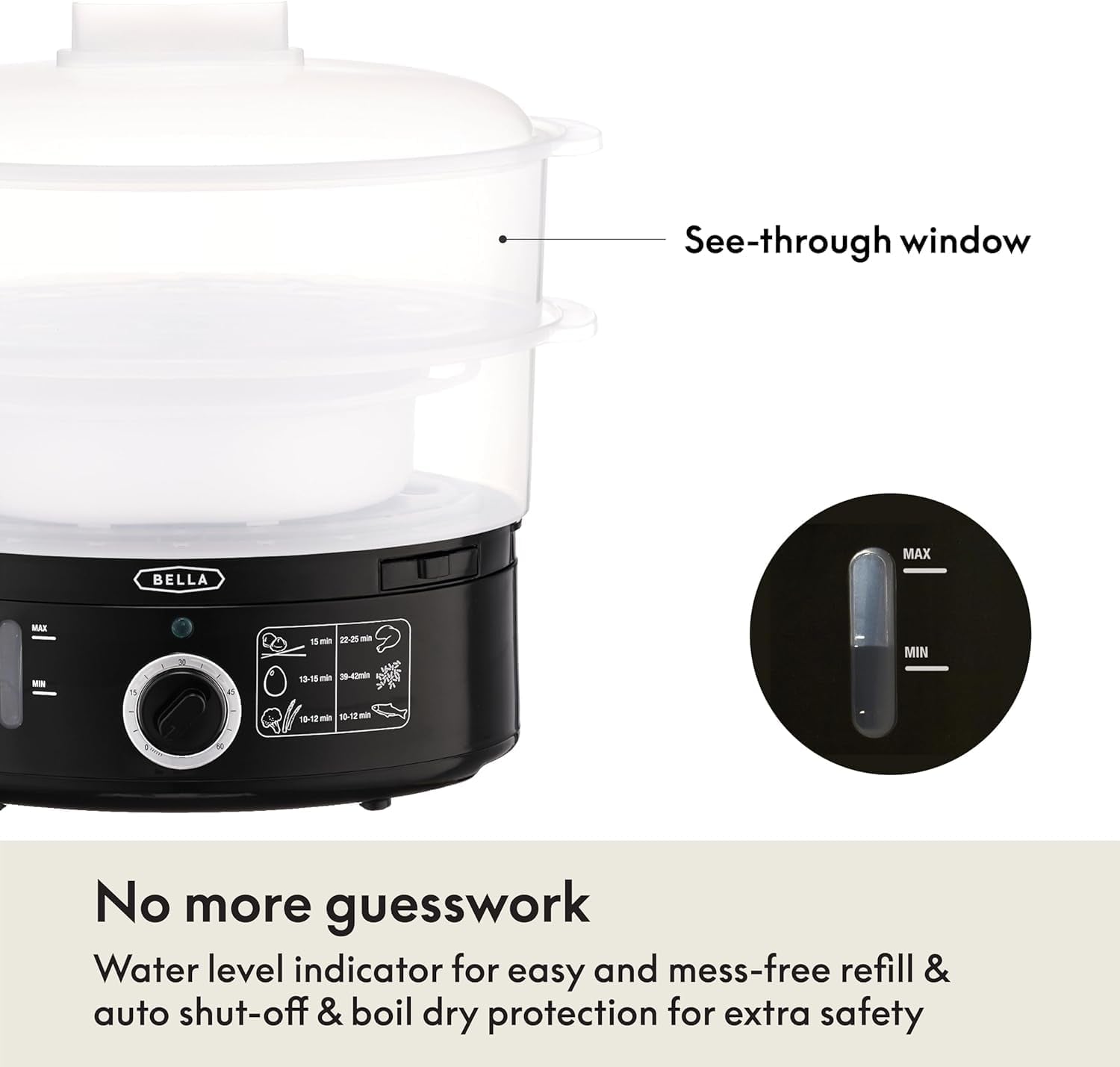 Two Tier Food Steamer with Stackable Baskets & Removable Base for Fast Simultaneous Cooking - Auto Shutoff & Boil Dry Protection, 7.4 QT, Black