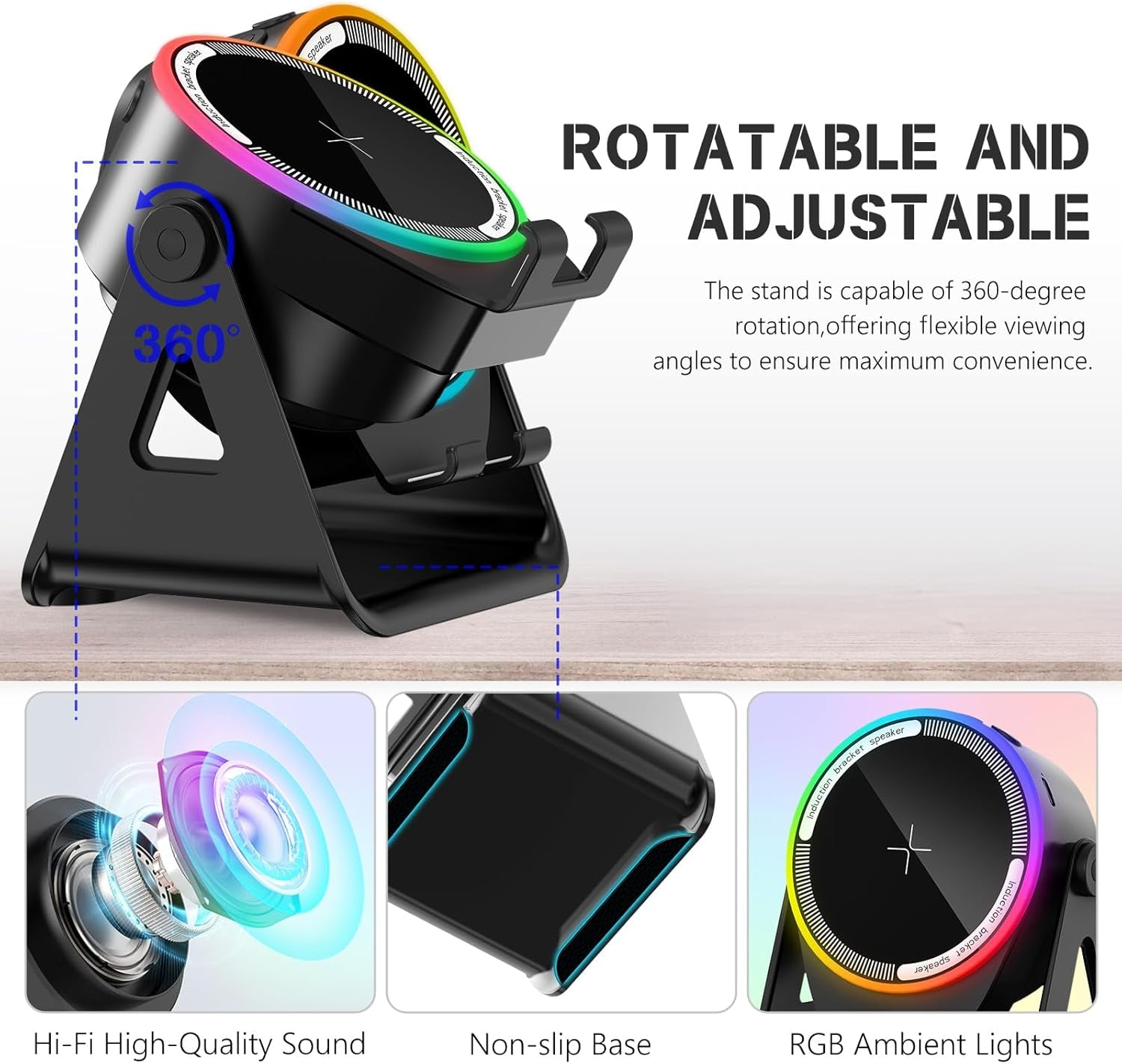 Wireless Induction Speaker, 5-In-1 Bluetooth 5.3 Phone Stand with 360° Rotation & RGB Ambient Light - Cool Tech Gadgets Gifts for Men Women Dad Mom - Compatible Iphone/Android/Ipad/Samsung (Black)