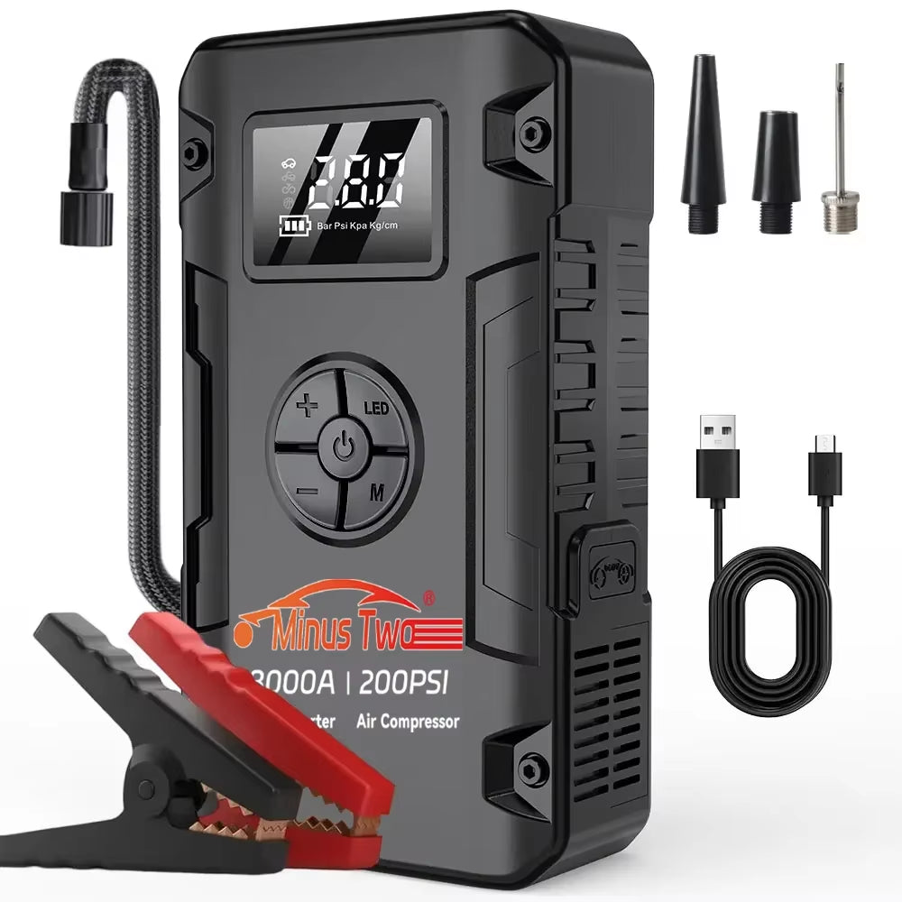 4-in-1 Portable Car Jump Starter and Air Compressor - 4000A Peak Battery Booster with 200PSI Tire Inflator and Power Bank