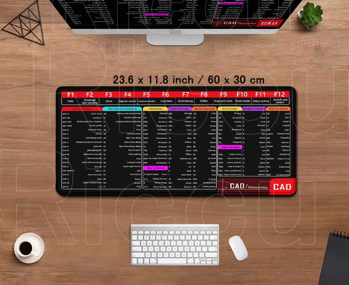 Professional Office Mouse Pad with AutoCAD Cheat Sheet - Large 100x50cm Gaming Desk Mat, Stitched Edge, Non-Slip Rubber Base