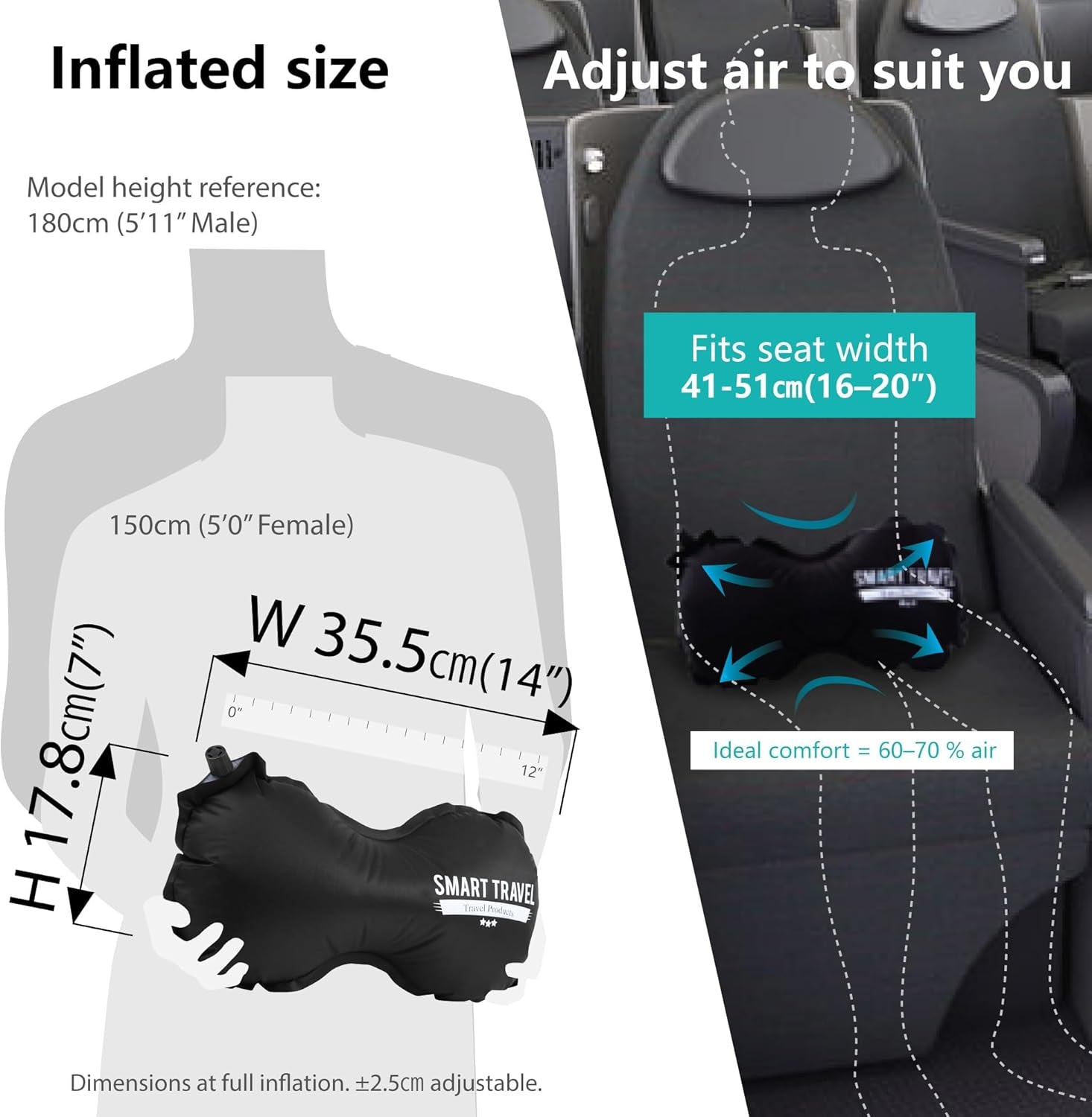 Travel Products Inflatable Travel Lumbar Pillow for Airplane Seat – Adjustable Lower Back Support Cushion for Long Flights
