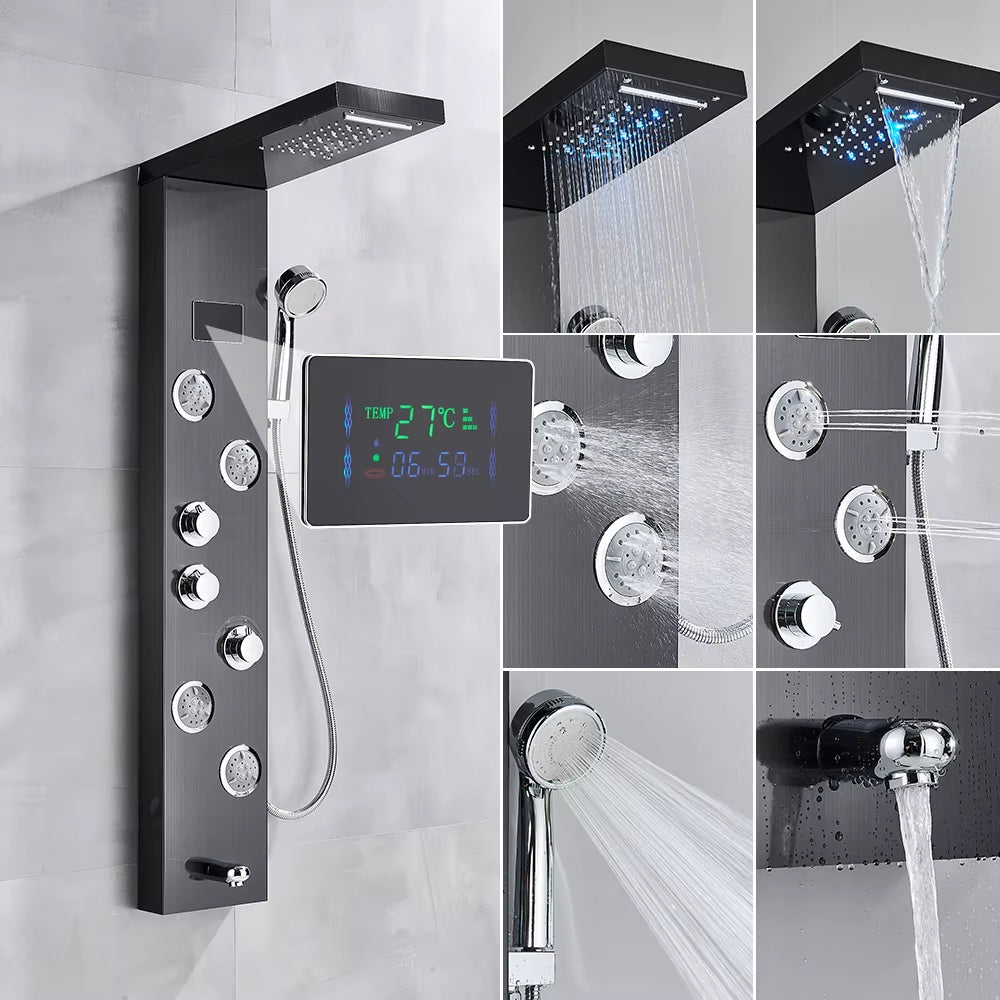 Newly Luxury Black/Brushed Bathroom Shower Faucet LED Shower Panel Column Bathtub Mixer Tap with Hand Shower Temperature Screen