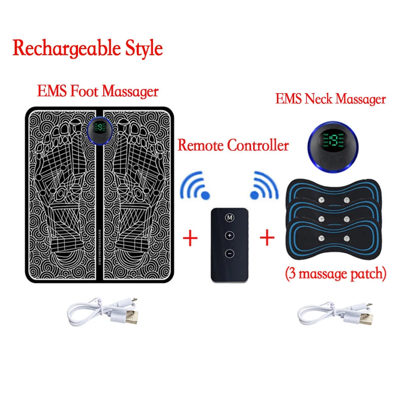 Rechargeable EMS Foot Massager Pad with Remote Control - Portable Electric Muscle Stimulation Mat for Pain Relief and Relaxation